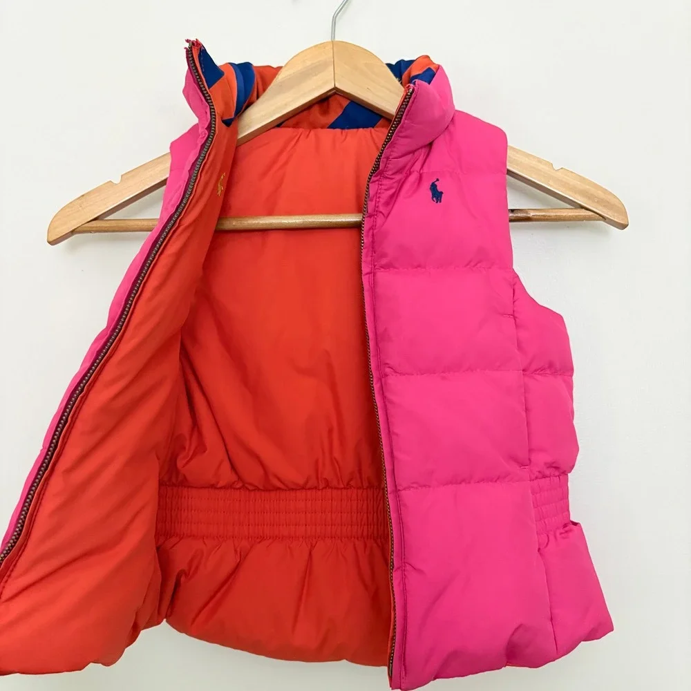 Ralph Lauren Girls Puffer Vest Reversible Size 5 Pink Orange Quilted Pony Logo